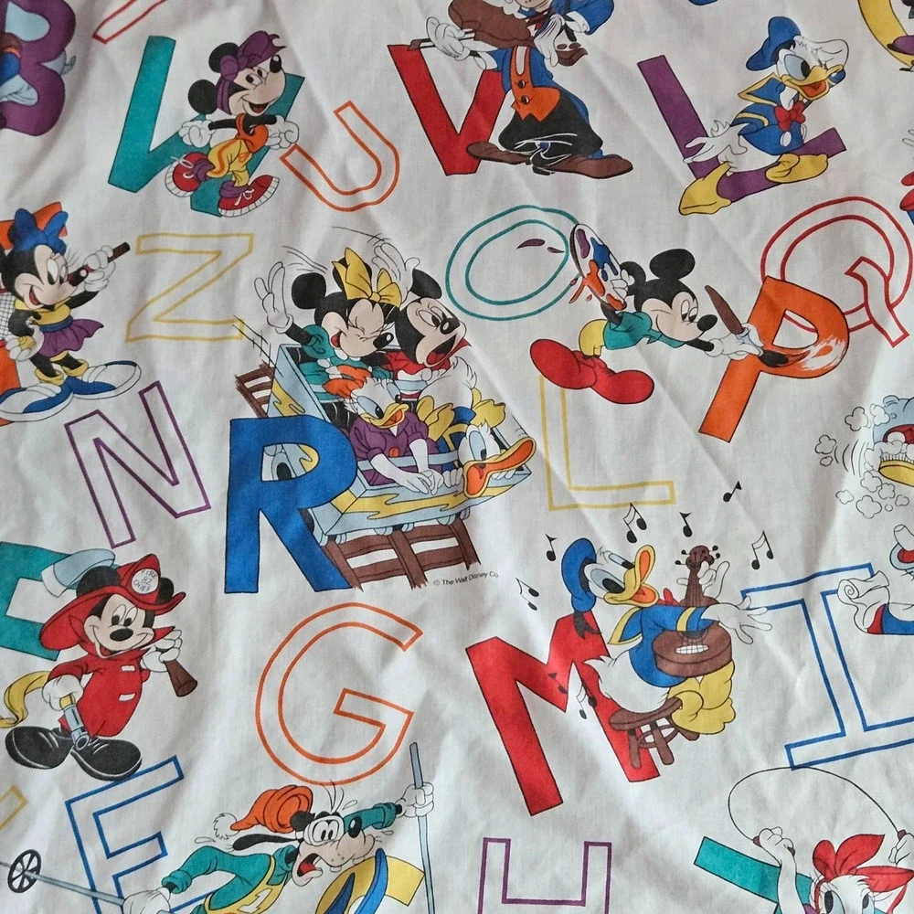 Vintage Disney Mickey Mouse Alphabet ABC Kids Flat Sheet White Multi Color 90s